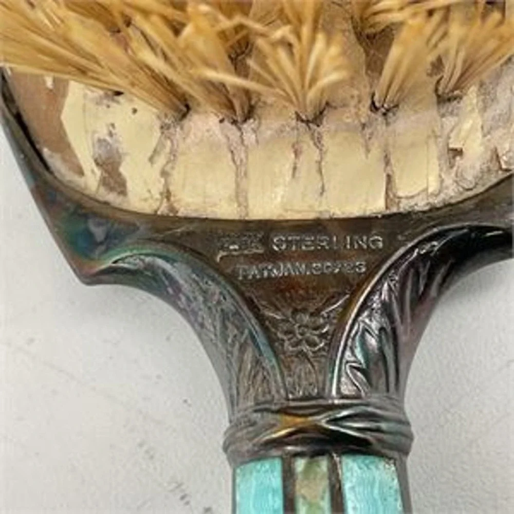 Foster & Bailey 1923 Guilloché Enamel & Sterling Silver Hair Brush & Crystal Jar